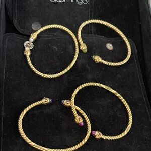 Gold-Tone Twisted Cable Open Cuff Bracelet with Colored Gem Ends - Women